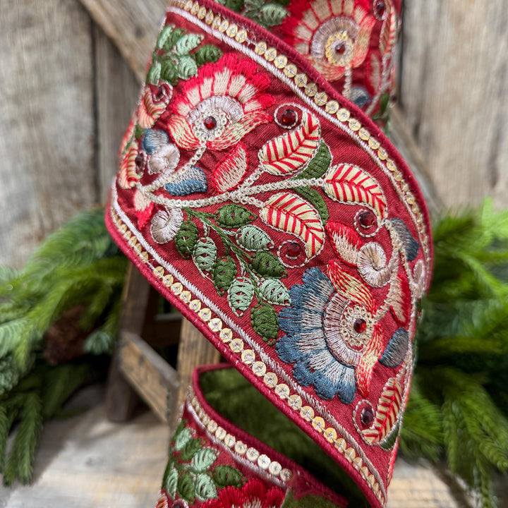 4" Burgundy Embroidered Ribbon, Farrisilk Freya Flower Ribbon, Designer Christmas Ribbon