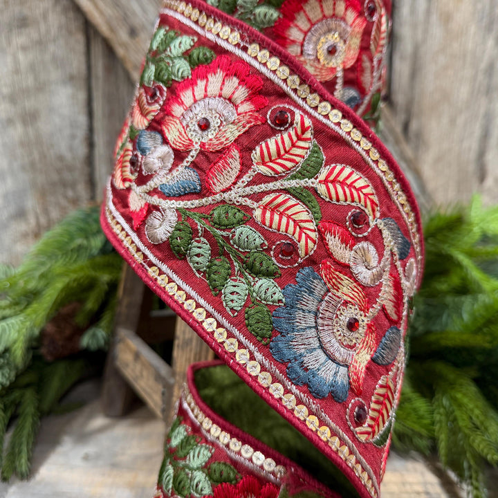 4" Burgundy Embroidered Ribbon, Farrisilk Freya Flower Ribbon, Designer Christmas Ribbon