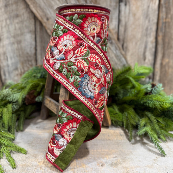 4" Burgundy Embroidered Ribbon, Farrisilk Freya Flower Ribbon, Designer Christmas Ribbon