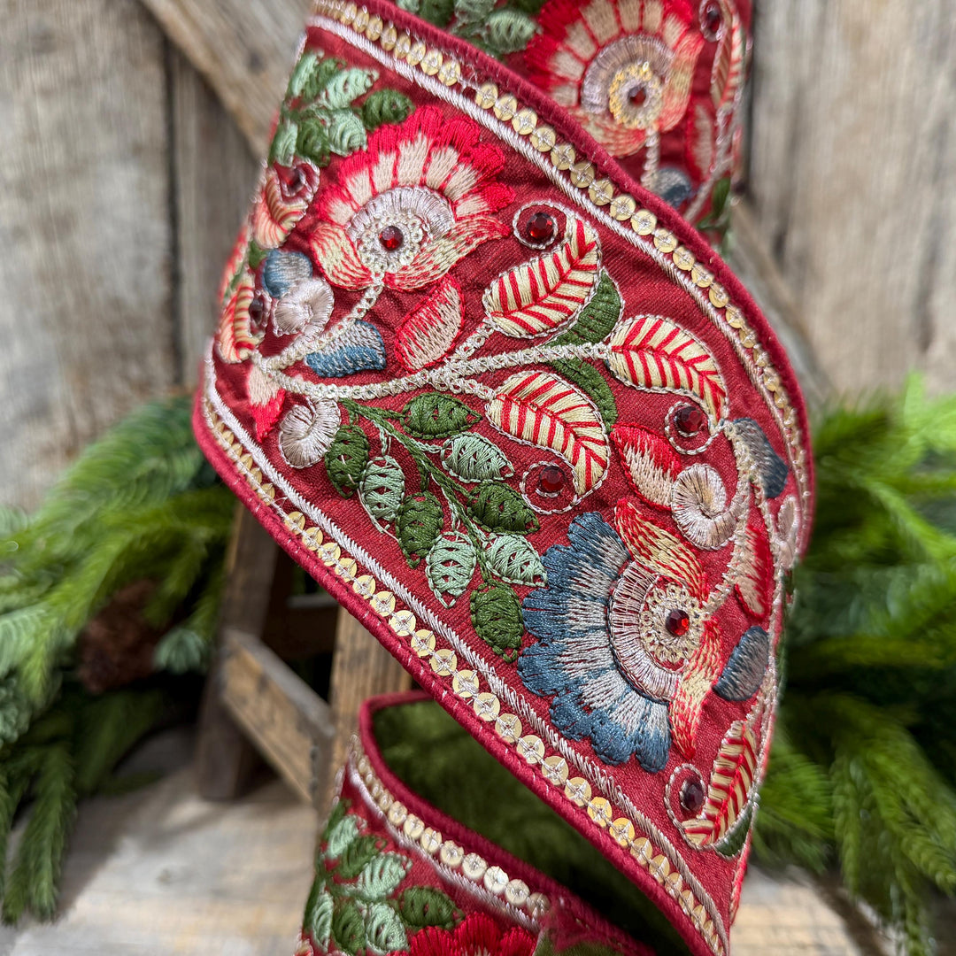 4" Burgundy Embroidered Ribbon, Farrisilk Freya Flower Ribbon, Designer Christmas Ribbon