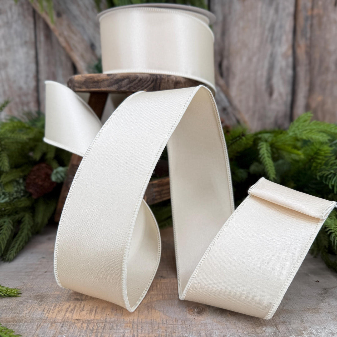 2.5" Ivory Wired Satin Ribbon, Farrisilk Ribbon