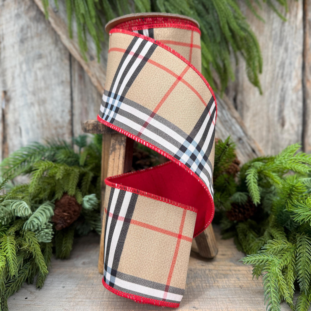 4” Brown Black Red holiday plaid, Christmas ribbon, 10 yards