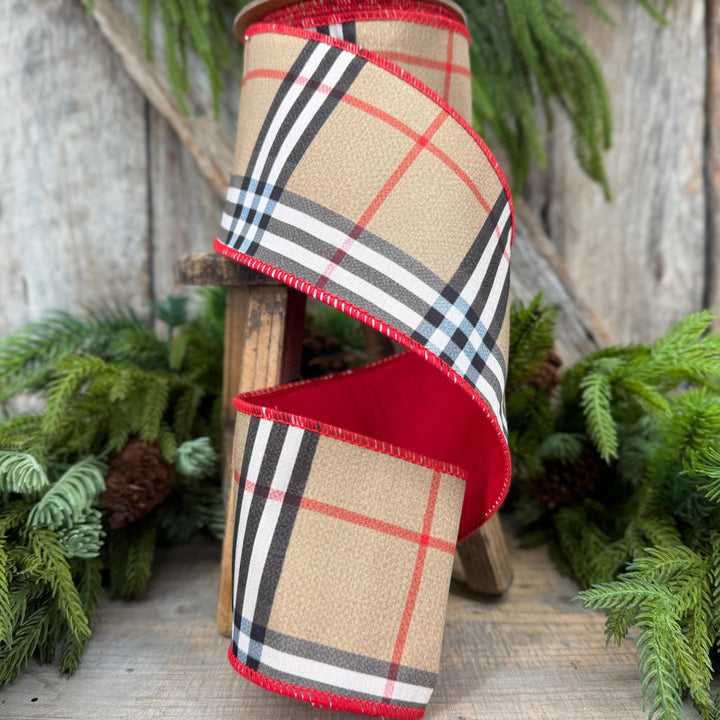 4” Brown Black Red holiday plaid, Christmas ribbon, 10 yards