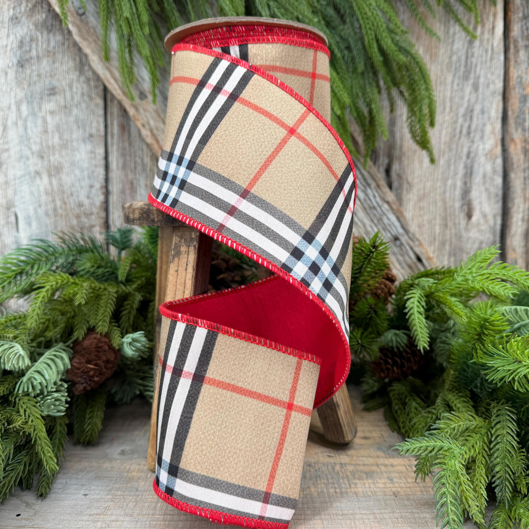 4” Brown Black Red holiday plaid, Christmas ribbon, 10 yards