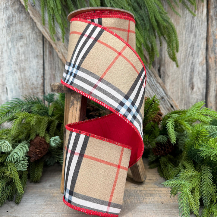 4” Brown Black Red holiday plaid, Christmas ribbon, 10 yards