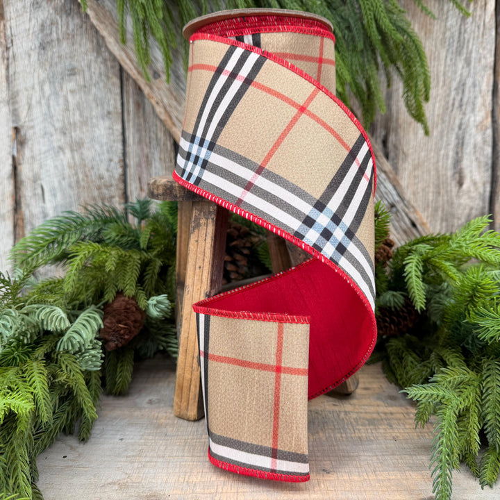 4” Brown Black Red holiday plaid, Christmas ribbon, 10 yards