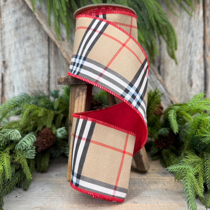 4” Brown Black Red holiday plaid, Christmas ribbon, 10 yards