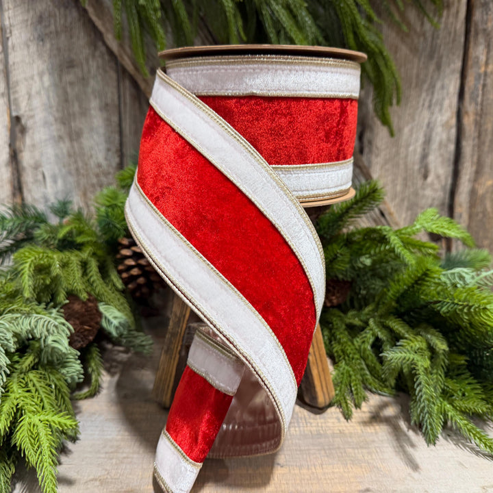 4" Red White Gold Velvet Wired Christmas Ribbon, 10 Yard Roll