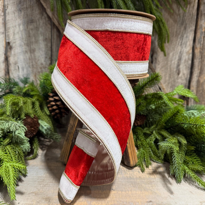 4" Red White Gold Velvet Wired Christmas Ribbon, 10 Yard Roll
