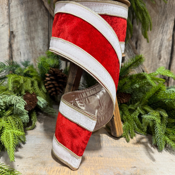 4" Red White Gold Velvet Wired Christmas Ribbon, 10 Yard Roll