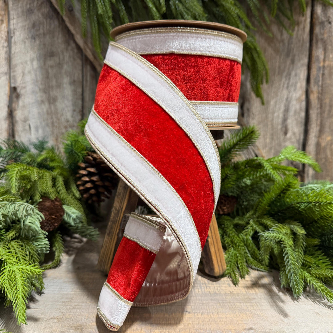 4" Red White Gold Velvet Wired Christmas Ribbon, 10 Yard Roll