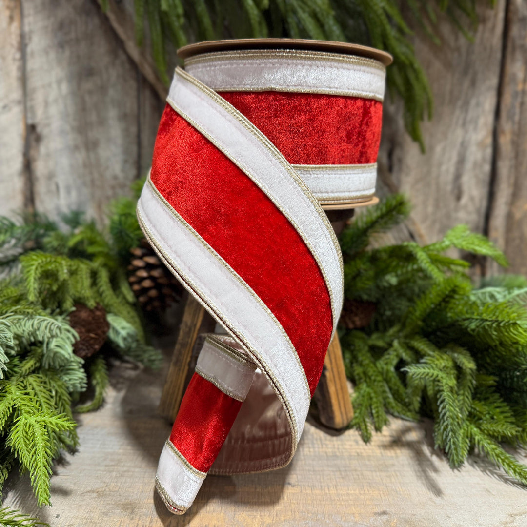 4" Red White Gold Velvet Wired Christmas Ribbon, 10 Yard Roll