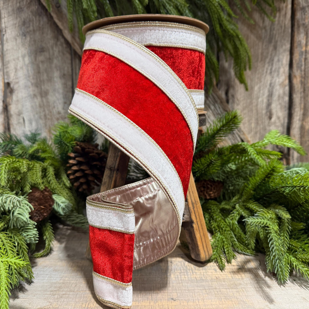 4" Red White Gold Velvet Wired Christmas Ribbon, 10 Yard Roll