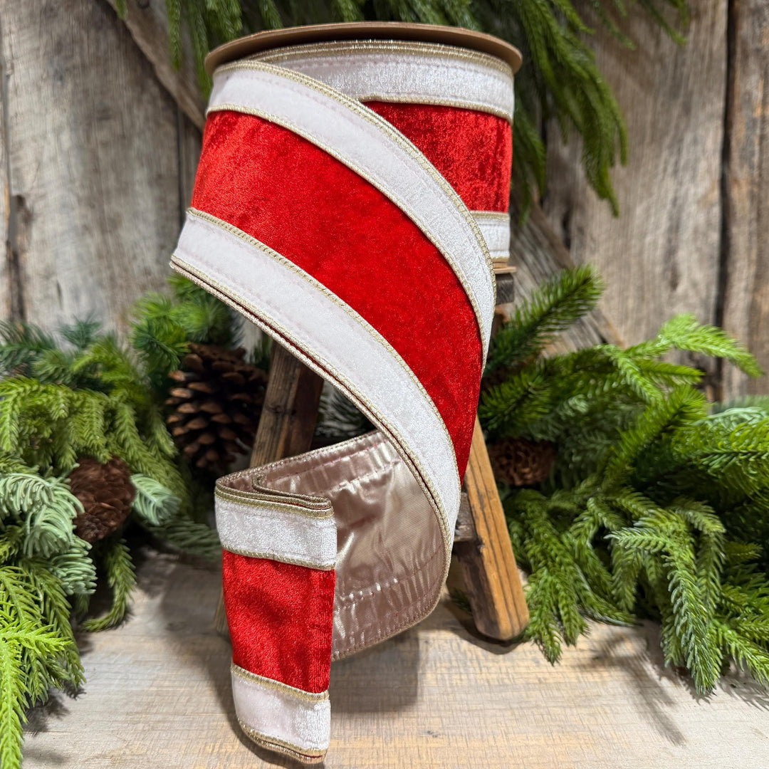 4" Red White Gold Velvet Wired Christmas Ribbon, 10 Yard Roll