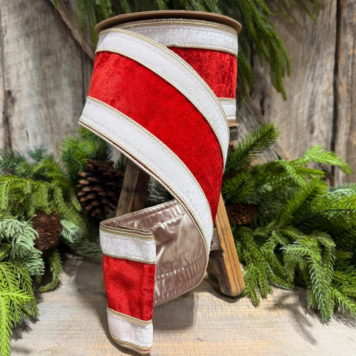 4" Red White Gold Velvet Wired Christmas Ribbon, 10 Yard Roll