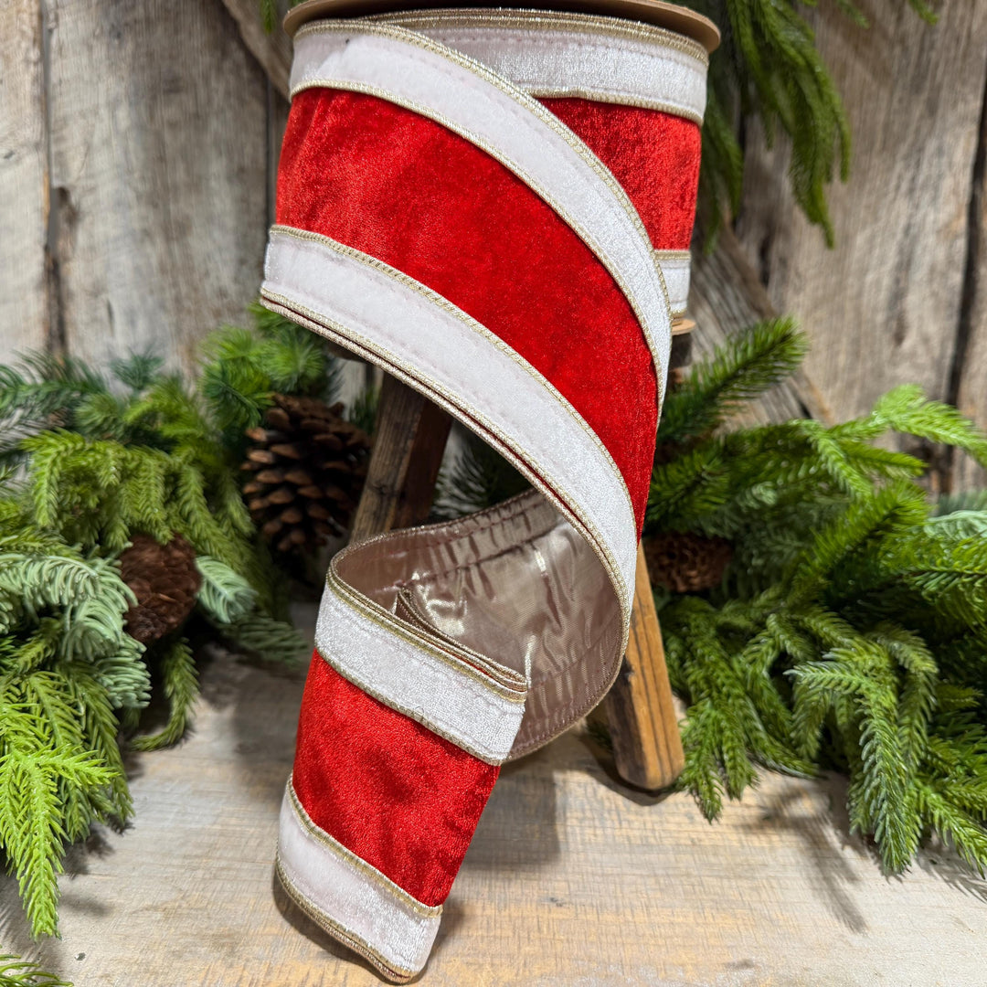 4" Red White Gold Velvet Wired Christmas Ribbon, 10 Yard Roll