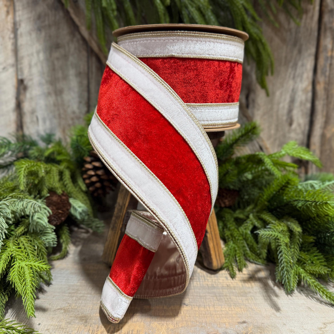 4" Red White Gold Velvet Wired Christmas Ribbon, 10 Yard Roll