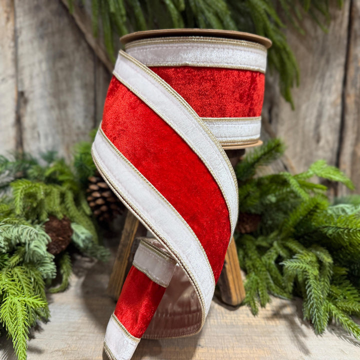 4" Red White Gold Velvet Wired Christmas Ribbon, 10 Yard Roll