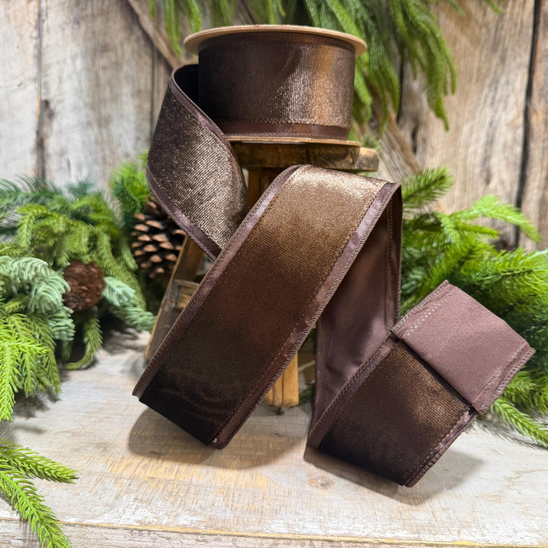 2.5" Chocolate Brown Velvet RIbbon with Satin Border, Woodland Theme Brown Ribbon