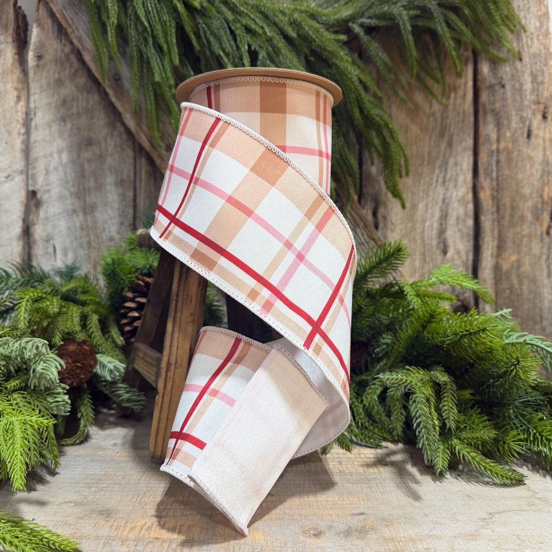 4" Gingerbread Brown Plaid Wired Ribbon, 10 Yard Roll