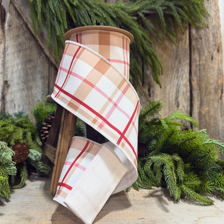 4" Gingerbread Brown Plaid Wired Ribbon, 10 Yard Roll