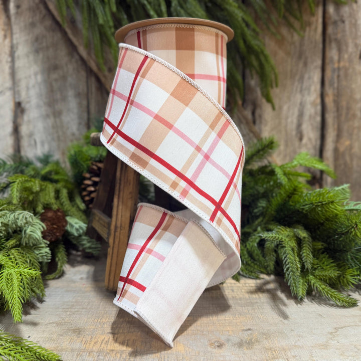4" Gingerbread Brown Plaid Wired Ribbon, 10 Yard Roll