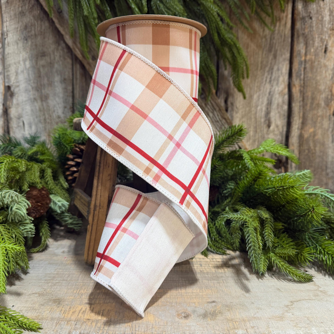 4" Gingerbread Brown Plaid Wired Ribbon, 10 Yard Roll