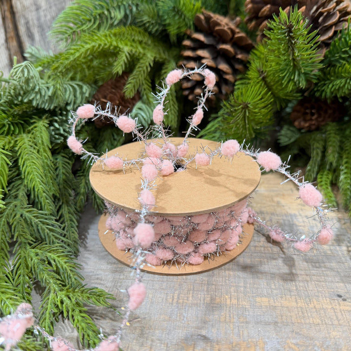 3/8" Pink Pom Pom Tinsel Garland, Silver Metallic, 10 Yard Roll