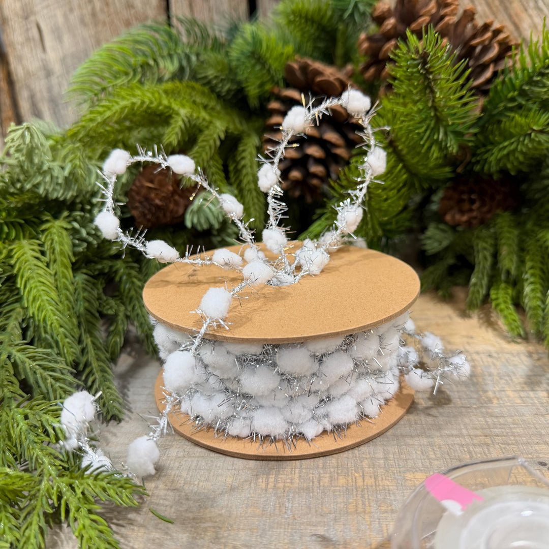 3/8" White Pom Pom Tinsel Garland, Silver Metallic, Snowy Ribbon, 10 Yard Roll