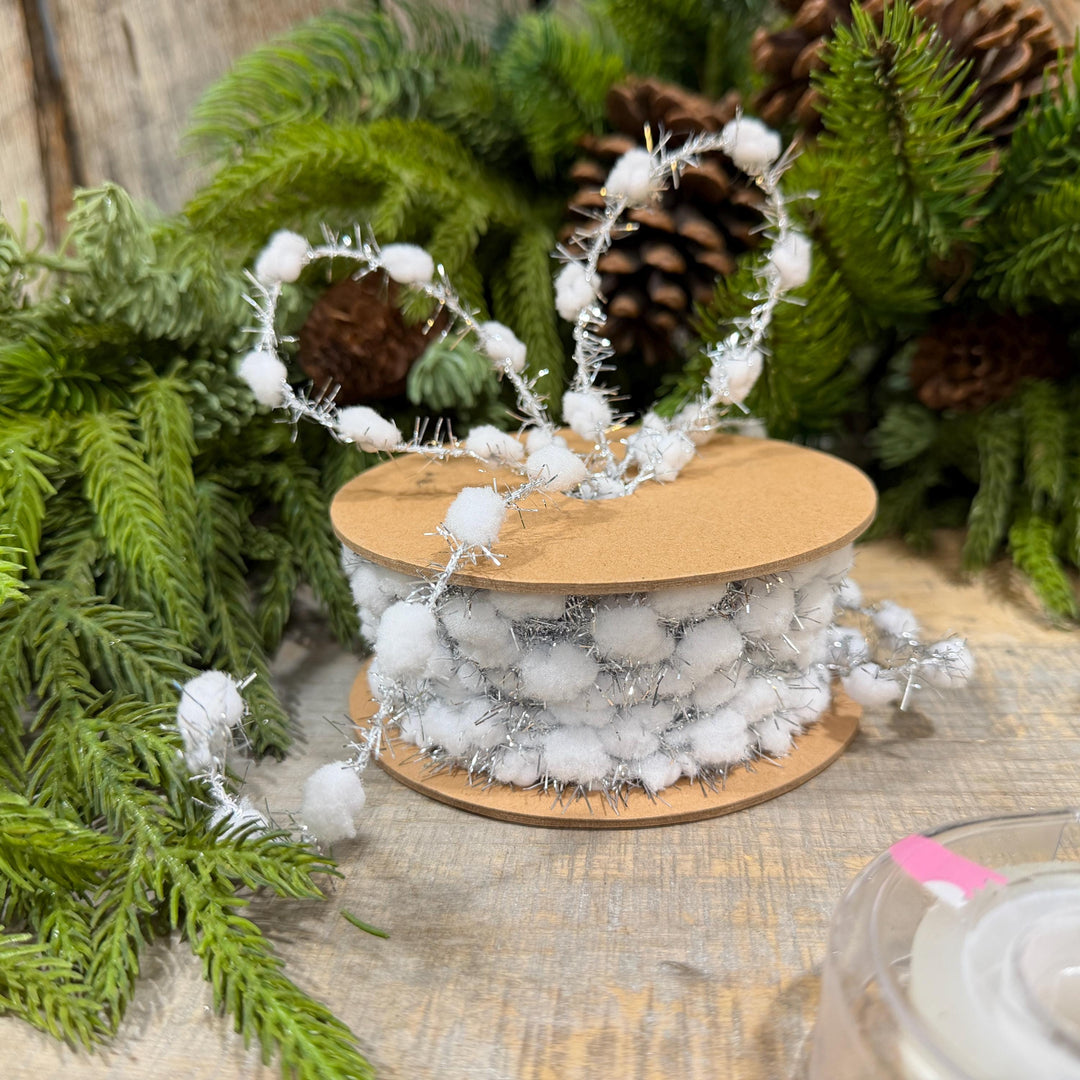 3/8" White Pom Pom Tinsel Garland, Silver Metallic, Snowy Ribbon, 10 Yard Roll