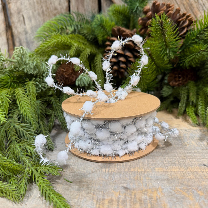 3/8" White Pom Pom Tinsel Garland, Silver Metallic, Snowy Ribbon, 10 Yard Roll