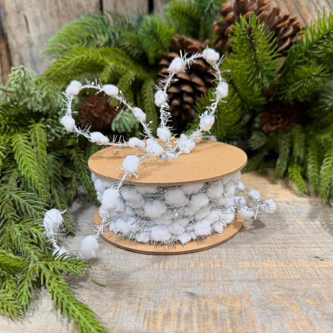3/8" White Pom Pom Tinsel Garland, Silver Metallic, Snowy Ribbon, 10 Yard Roll