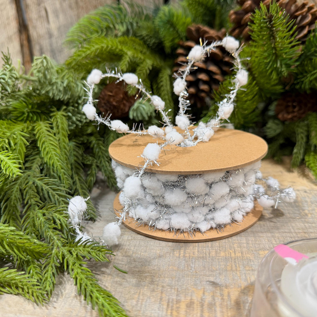 3/8" White Pom Pom Tinsel Garland, Silver Metallic, Snowy Ribbon, 10 Yard Roll