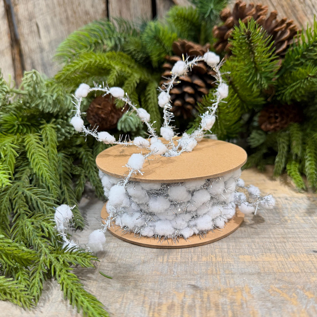 3/8" White Pom Pom Tinsel Garland, Silver Metallic, Snowy Ribbon, 10 Yard Roll