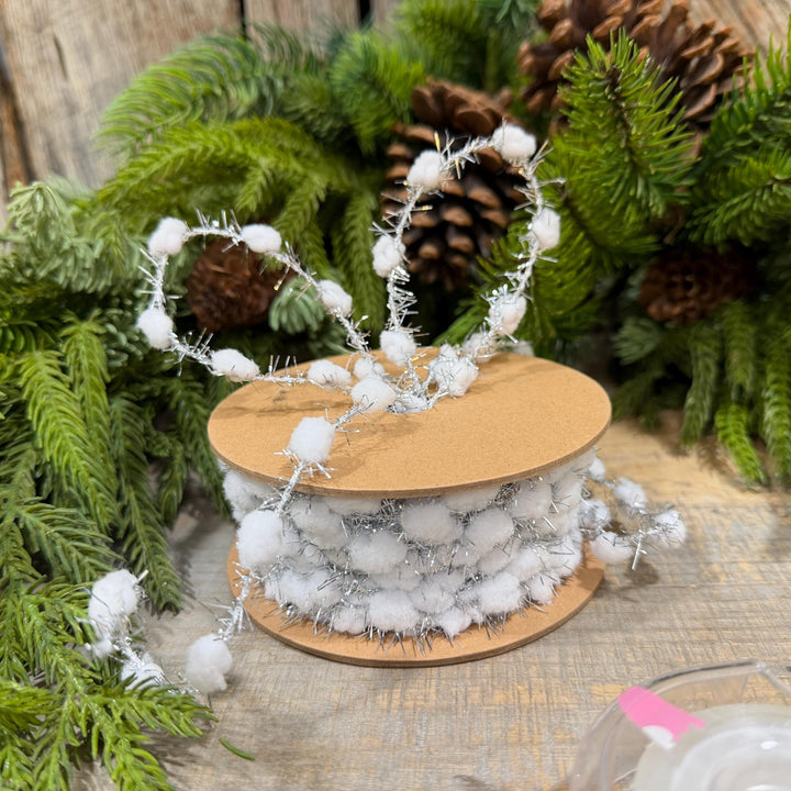 3/8" White Pom Pom Tinsel Garland, Silver Metallic, Snowy Ribbon, 10 Yard Roll