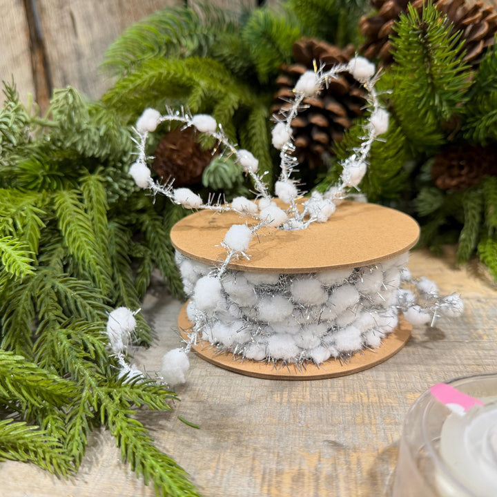 3/8" White Pom Pom Tinsel Garland, Silver Metallic, Snowy Ribbon, 10 Yard Roll