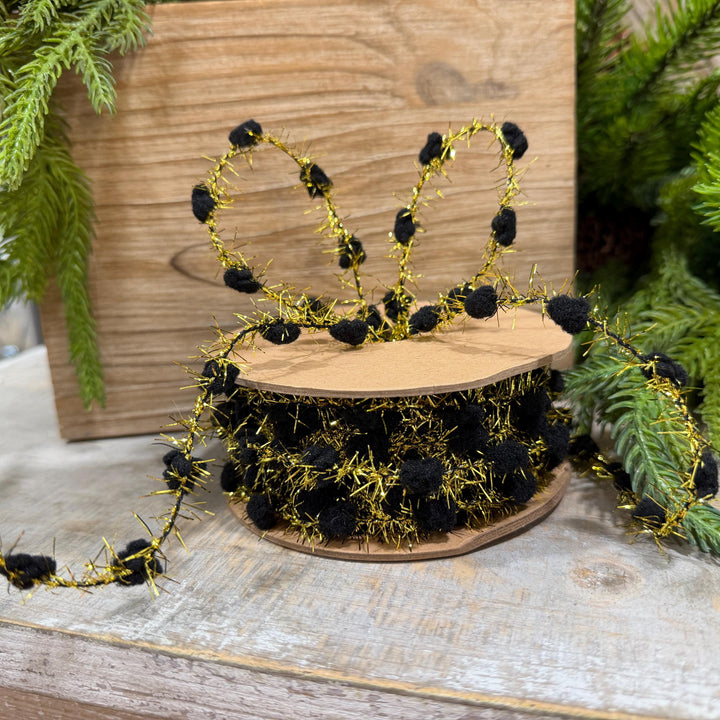 3/8" Black Pom Pom Tinsel Garland, Gold Metallic, 10 Yard Roll