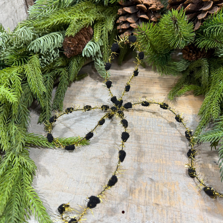 3/8" Black Pom Pom Tinsel Garland, Gold Metallic, 10 Yard Roll