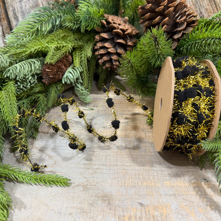 3/8" Black Pom Pom Tinsel Garland, Gold Metallic, 10 Yard Roll