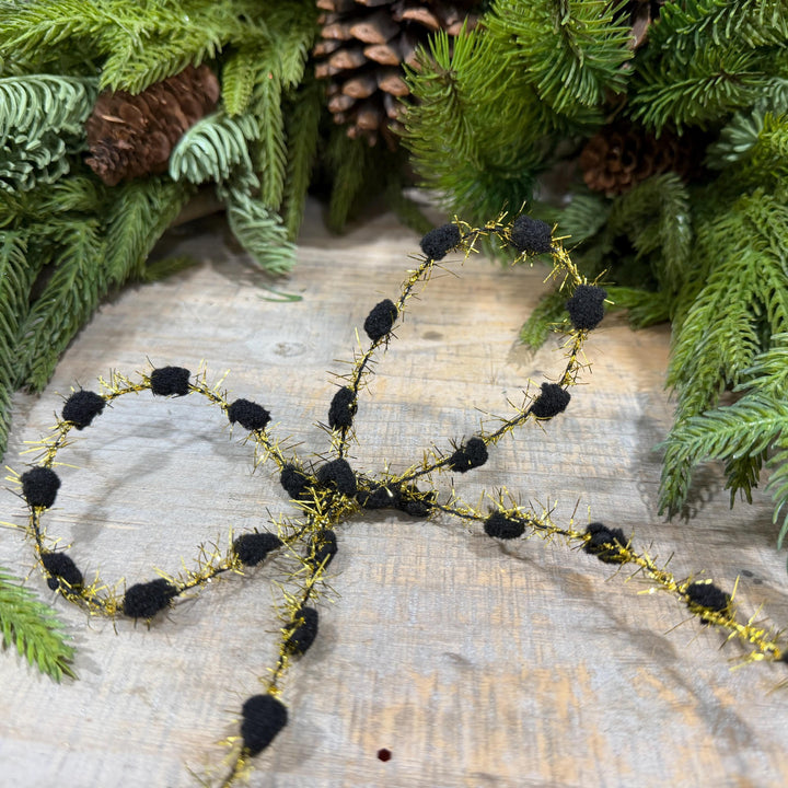 3/8" Black Pom Pom Tinsel Garland, Gold Metallic, 10 Yard Roll