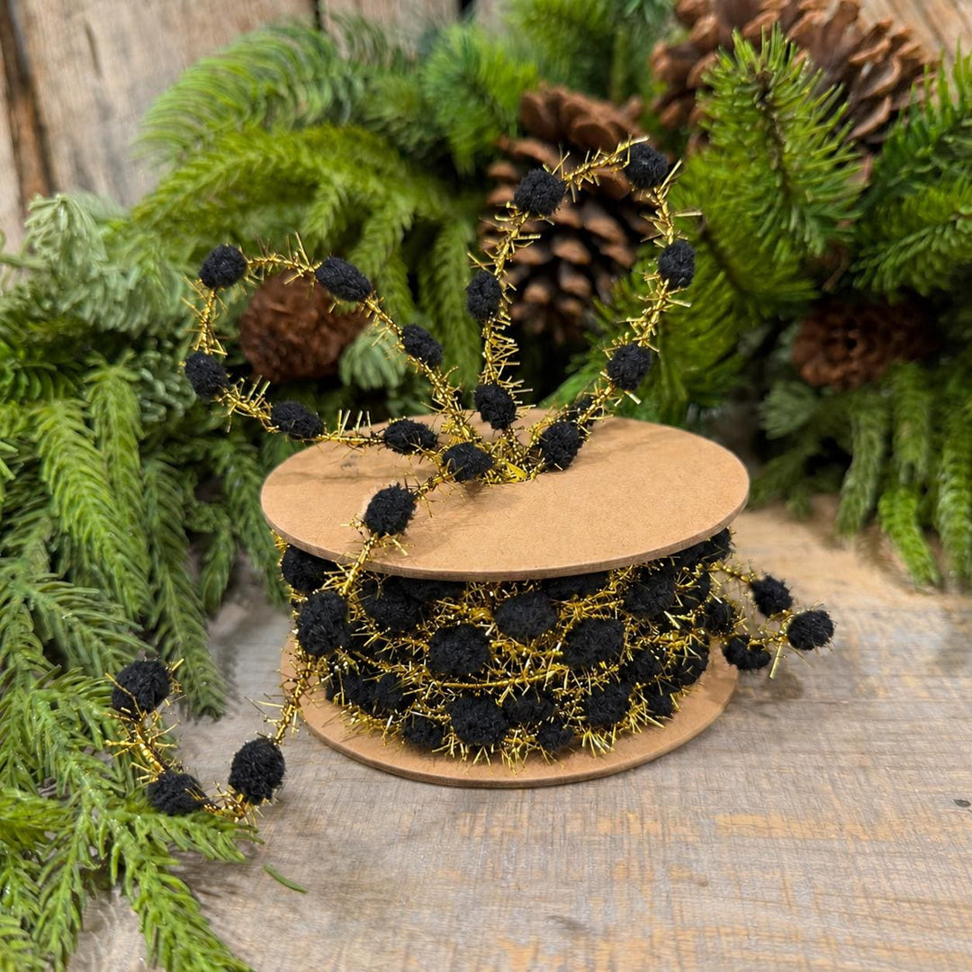 3/8" Black Pom Pom Tinsel Garland, Gold Metallic, 10 Yard Roll