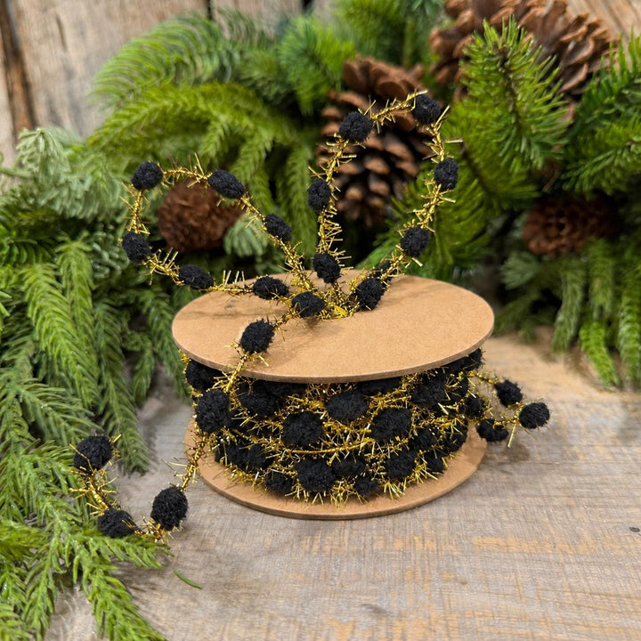 3/8" Black Pom Pom Tinsel Garland, Gold Metallic, 10 Yard Roll