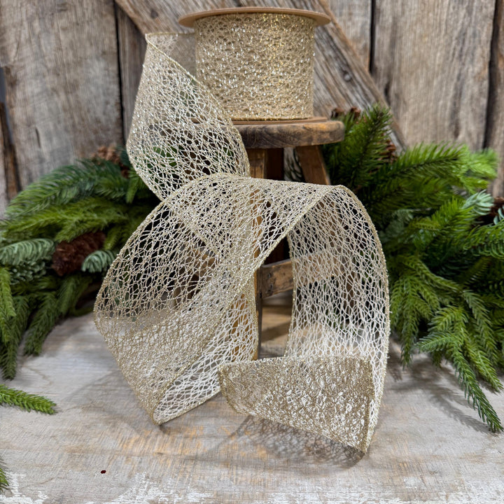 3" White Gold Mesh Wired Christmas Ribbon, 10 Yard Roll