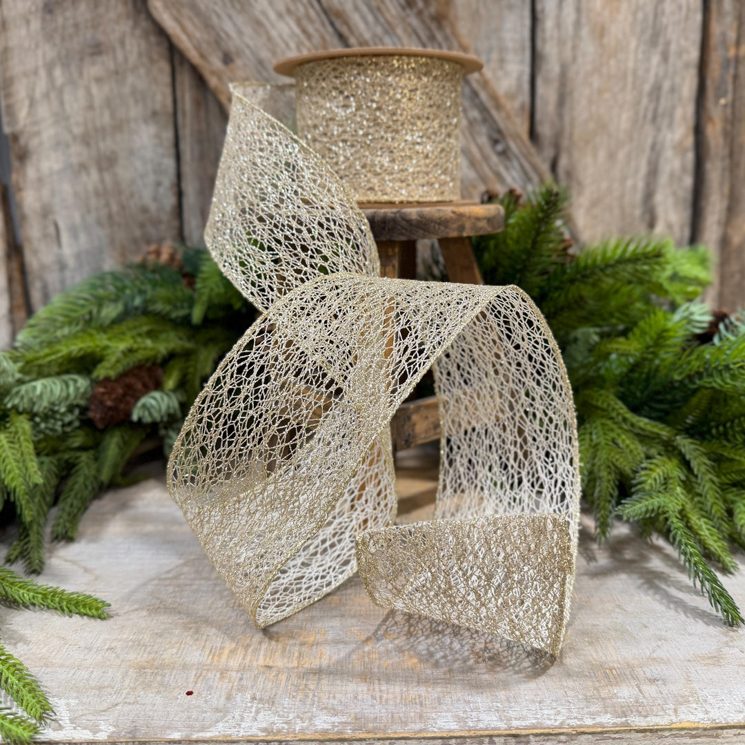 3" White Gold Mesh Wired Christmas Ribbon, 10 Yard Roll