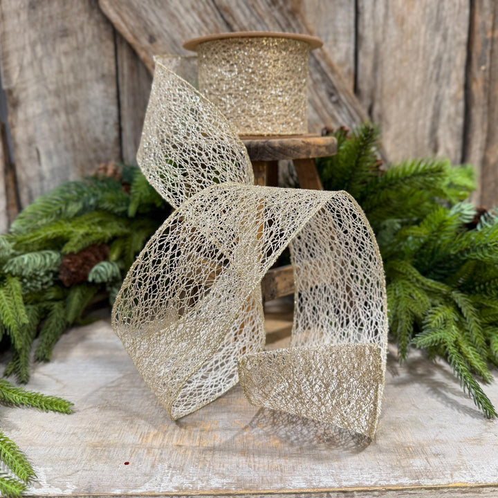 3" White Gold Mesh Wired Christmas Ribbon, 10 Yard Roll