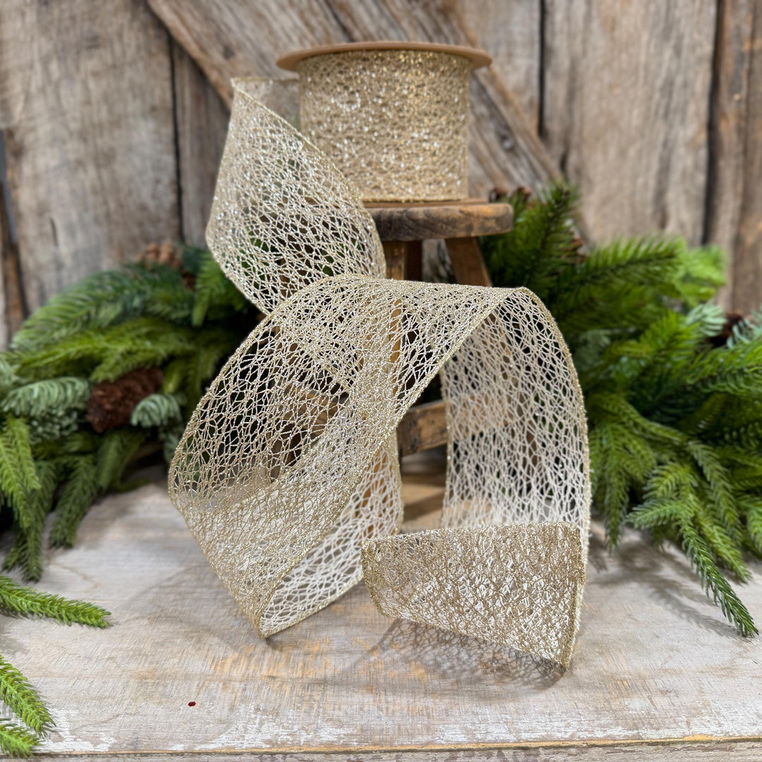 3" White Gold Mesh Wired Christmas Ribbon, 10 Yard Roll