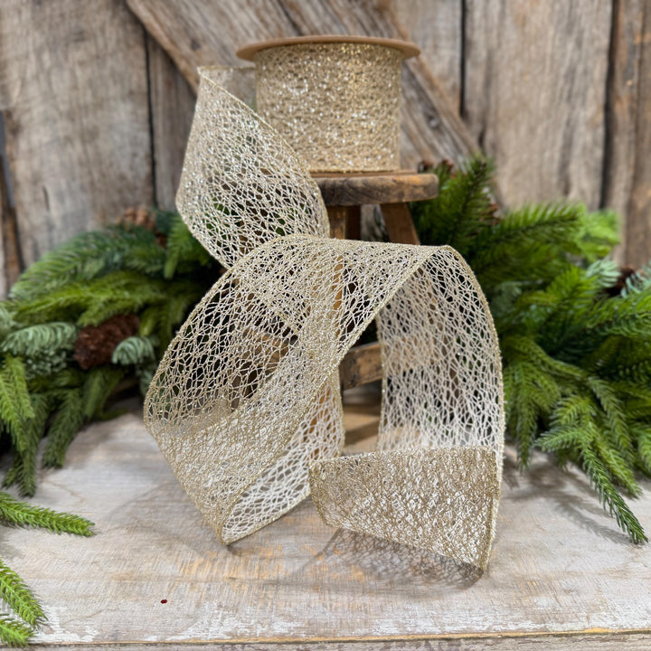 3" White Gold Mesh Wired Christmas Ribbon, 10 Yard Roll