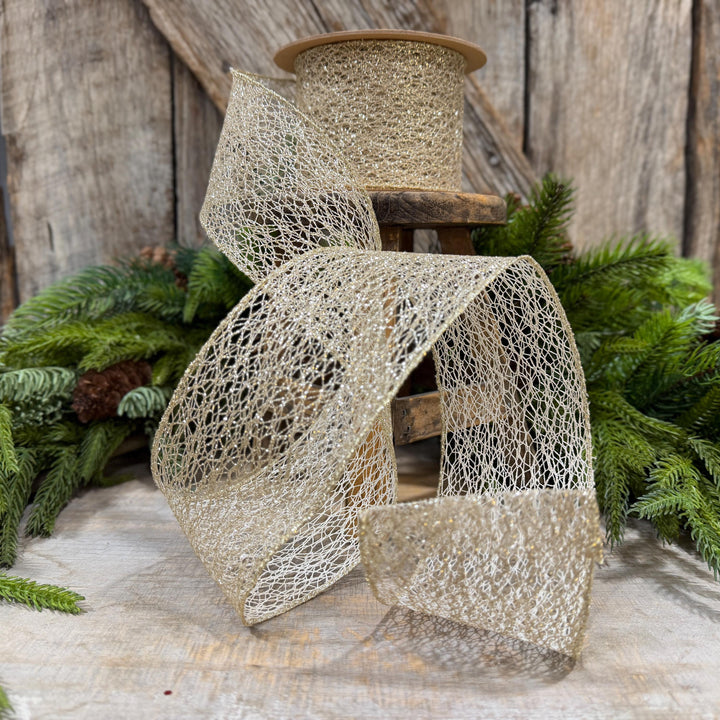 3" White Gold Mesh Wired Christmas Ribbon, 10 Yard Roll