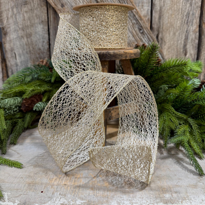 3" White Gold Mesh Wired Christmas Ribbon, 10 Yard Roll