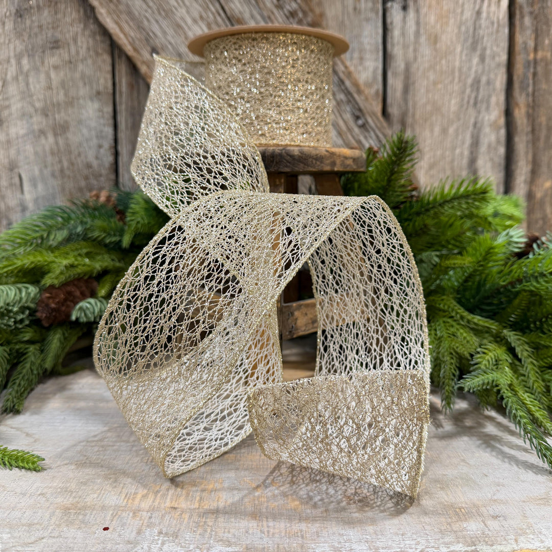 3" White Gold Mesh Wired Christmas Ribbon, 10 Yard Roll